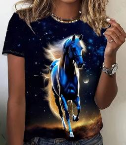 Women's T-Shirt Summer Vintage Women's T-Shirt Horse 3D Printed T-Shirt Men's and Women's Fashion, Comfortable, Crew Neck, Short Sleeve T-Shirt