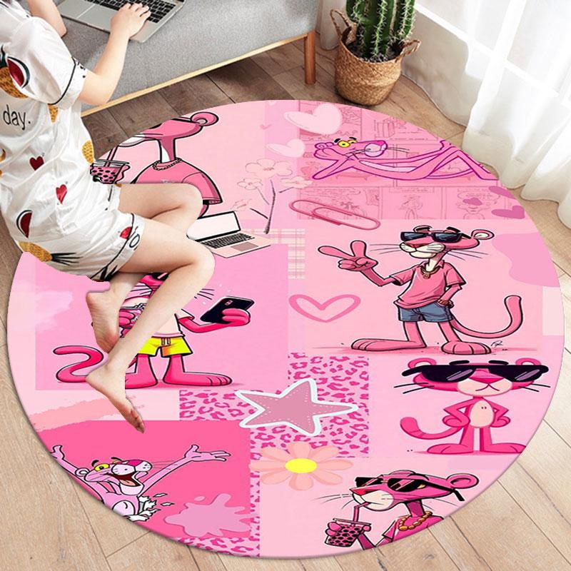 Pink Panther Round Area Rug,Carpet Rug for Living Room Bedroom Sofa Playroom Decor,Non-slip Floor Mat