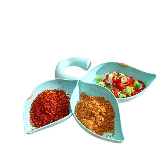 2Pcs Dipping Dish 3 Compartments Leaf Shape Food Grade Salad Dressing Anise Chili Powder Seasoning Sauce