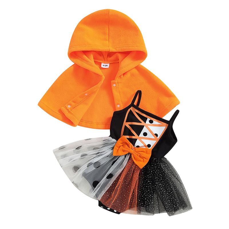 

0-18M Newborn Infant Girl Rompers Dress Halloween Clothes Dot Print Sleeveless Tulle Skirt Hem Jumpsuit with Hooded Cloak 0-3M помаранчевий