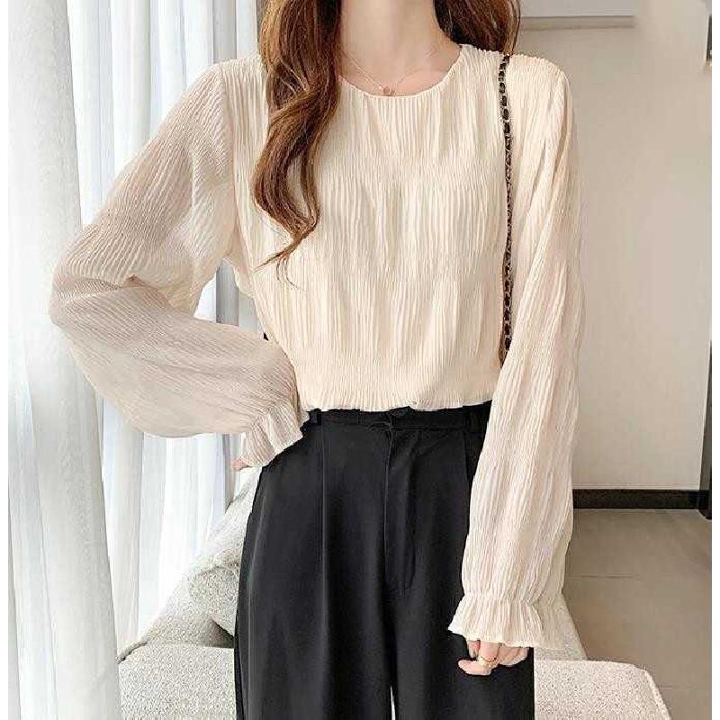 2026 Spring and Autumn New Pleated Chiffon Blouse, Loose and Versatile, Long Sleeve Women's Casual Round Neck Top
