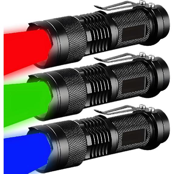 3 Pack Red Green Blue Light Bright Small Flashlights, LED Mini Flashlight High Lumens Pen Light with 3 Modes, Zoomable Torch with Clip, Flashlight