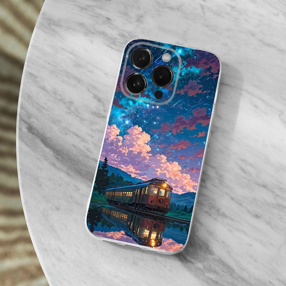 Cartoon Art Classic Train Case For iPhone X,14,16,Mini,XS,SE,12,15,Pro,17,Plus,11,Max,13,XR,Transparent Soft Cover