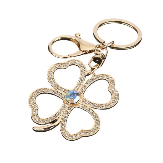 Keychain Pendant Rhinestones Four Leaf Clover Design Zinc Alloy Key Chain with Lobster Clasp Easy to Hang Key Holder Backpack Car Accessory