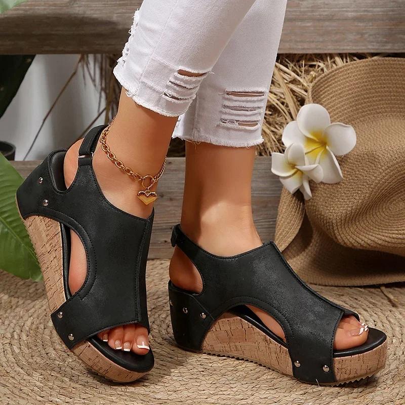 

Fashion Women s Sandals Retro Rivet Decor High Heel Sandals Rome Style Open Toe Wedge Shoes for Women Female Outdoor Non-Slip Beach Shoe 43 чёрный