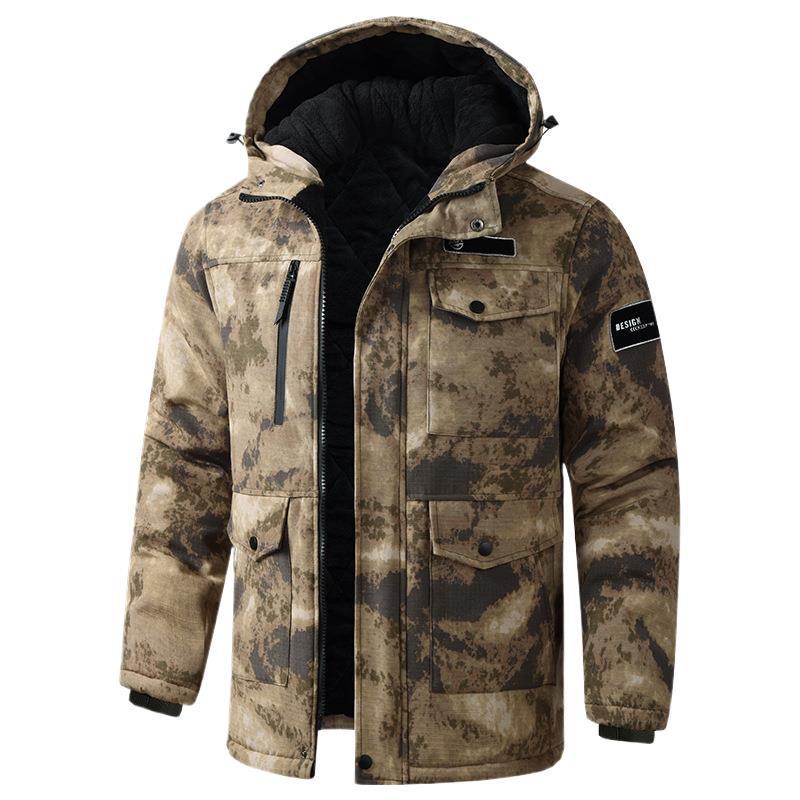 Men's Winter Camouflage Cotton Jacket with Velvet Lining for Cold Protection and Workwear
