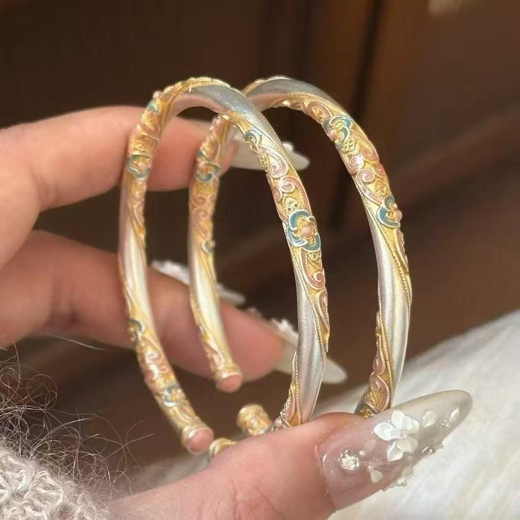 Women's Ethnic Sterling Silver 9999 Bracelet with Gold Inlay, Enamel Blooms, & Four-Leaf Clover Design