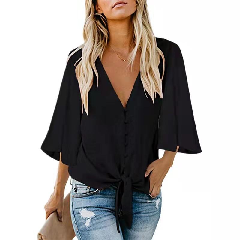 Women's Three Quarter Sleeve Blouse V Neck Elegant Chiffon Top Tie Knot Beach Vacation Shirt