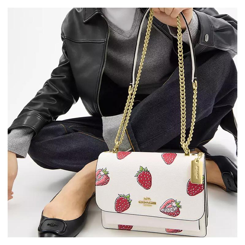 Coach Klare 22 Strawberry Print Coated Canvas and Leather Shoulder Bag Small Size for Women Gold and Chalk Multicolor