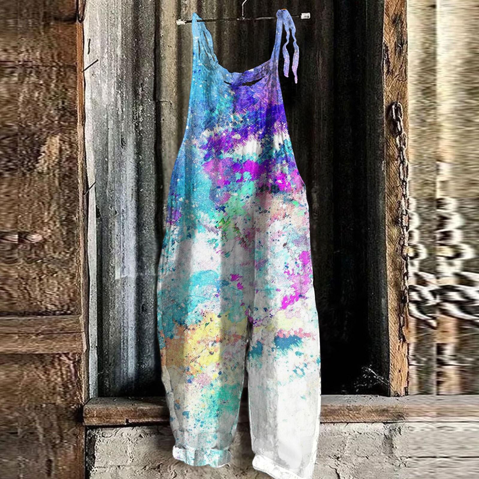 

Женский комбинезон с градиентным принтом тай-дай, летний повседневный свободный комбинезон в стиле ретро M фиолетовый