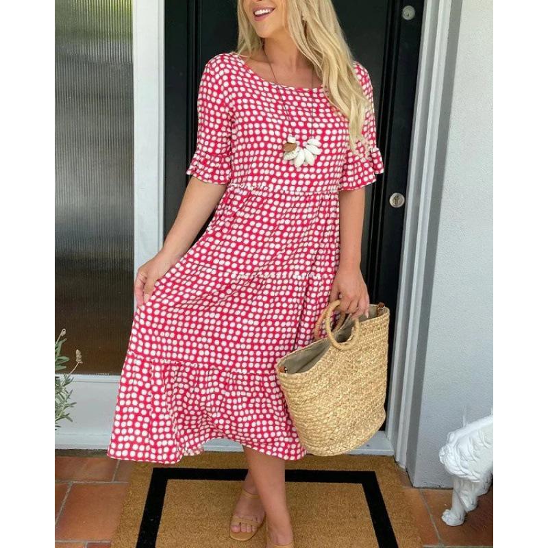 European and American new fashion women s clothing Amazon independent station hot-selling summer round neck printing short-sleeved dress S красный