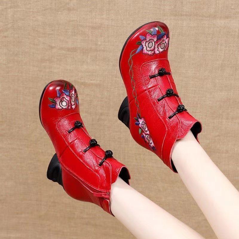 Fashion Ethnic boho ankle boots women's faux leather cheap waterproof shoes woman vintage embroidered boot ladies block mid heel booties