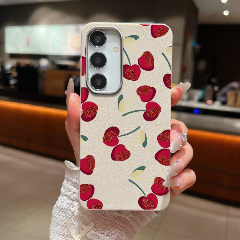 Cherry Pattern Soft Tpu Case for Samsung S25 S24 Fe S23 Ultra S22 S21 A16 A15 A55 A56 A35 A36 A25 Shockproof Slim Leather Texture Case Cover