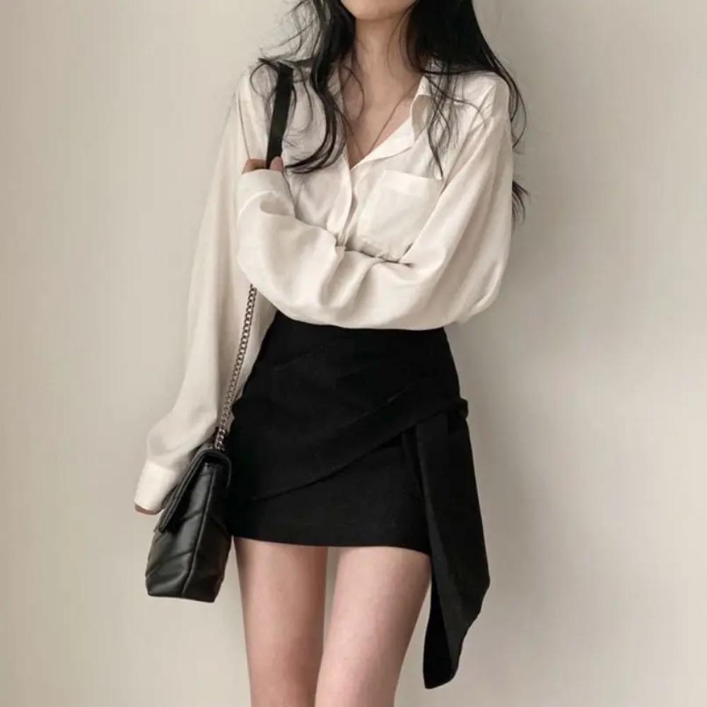 Dámské soupravy Dlouhý rukáv Jednobarevné košile Nepravidelné Mini sukně Ženy Dvoudílné Štíhlé Sexy Korejský styl Šik Stylové Štíhlé