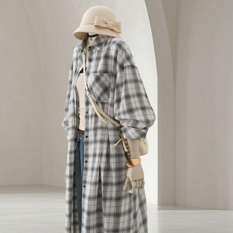 

4u4u Тонкие клетчатые рубашки Женские Летние Новые Корейская Серия Праздный Стиль Свободные Стройнящие Уличные Длинные Дышащие Рубашки Lattice M