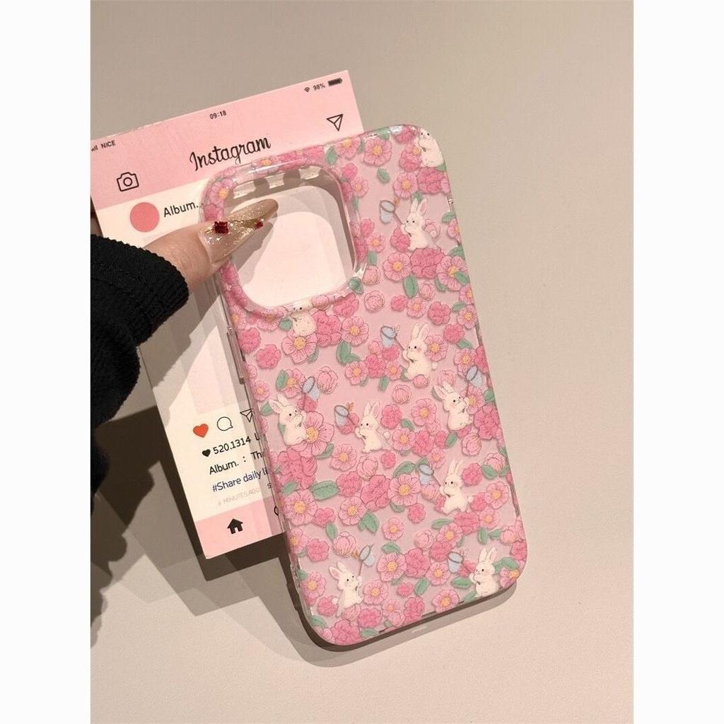 Ins Flower Rabbit Bear iPhone17promax Mobile Phone Case Suitable for Apple 16promax White Background Imd Case