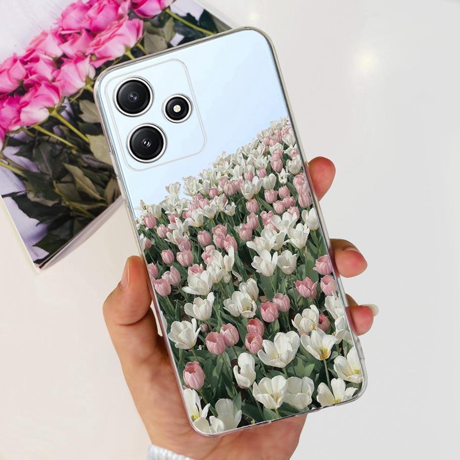 Cute Flower Cat Painted Case For Xiaomi Redmi 12 5G 2023 Soft Silicone TPU Back Cover For Redmi12 5G Global Phone Bumper