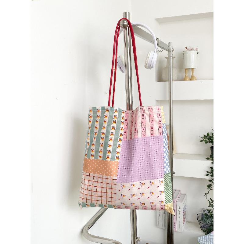 Spring New Korean Style Floral Double-Sided Shoulder Bag for Women Fresh Travel Canvas Tote Handbag