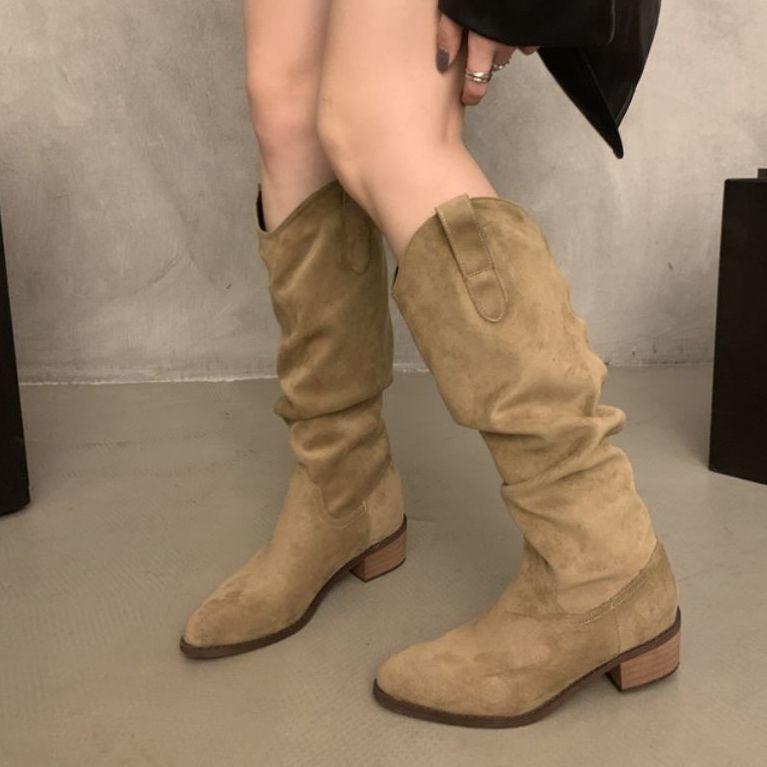 Coarse heel pleated long knight boots women's shoes 2025 new autumn and winter western thin and thin long boots