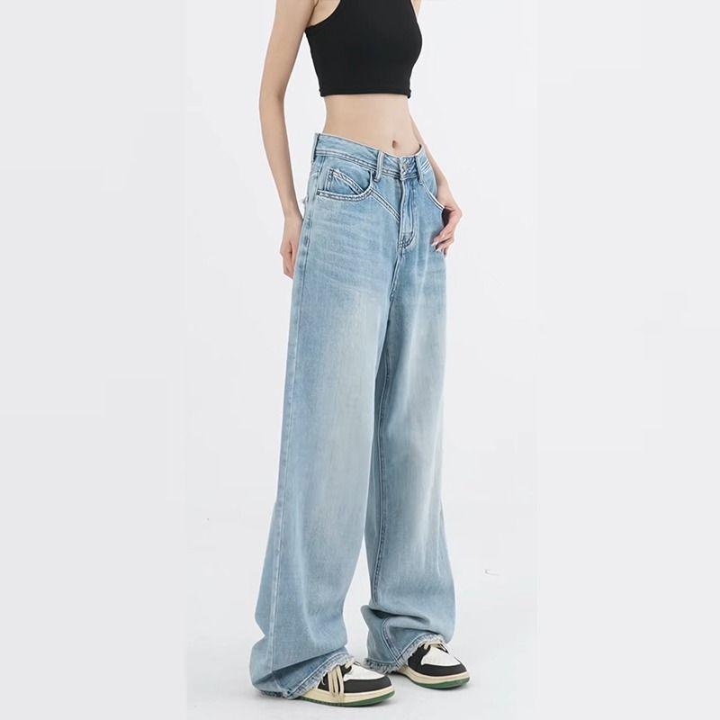 Blugi drepți albastru deschis Femei Design de vară Spălat Joker Pantaloni largi cu mop cu picioare largi