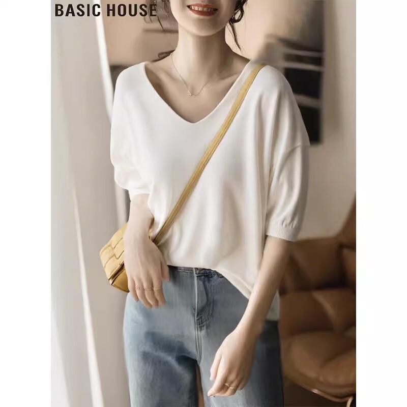 Basic House French V-neck Knitted Mid-sleeve T-shirt XL