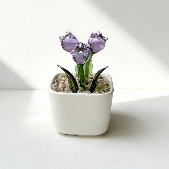 Mini Potted Glass Flower Decoration Miniature Tulip Flower Planter Pot Figurine Statue Home Office Bookshelf Desktop Ornament