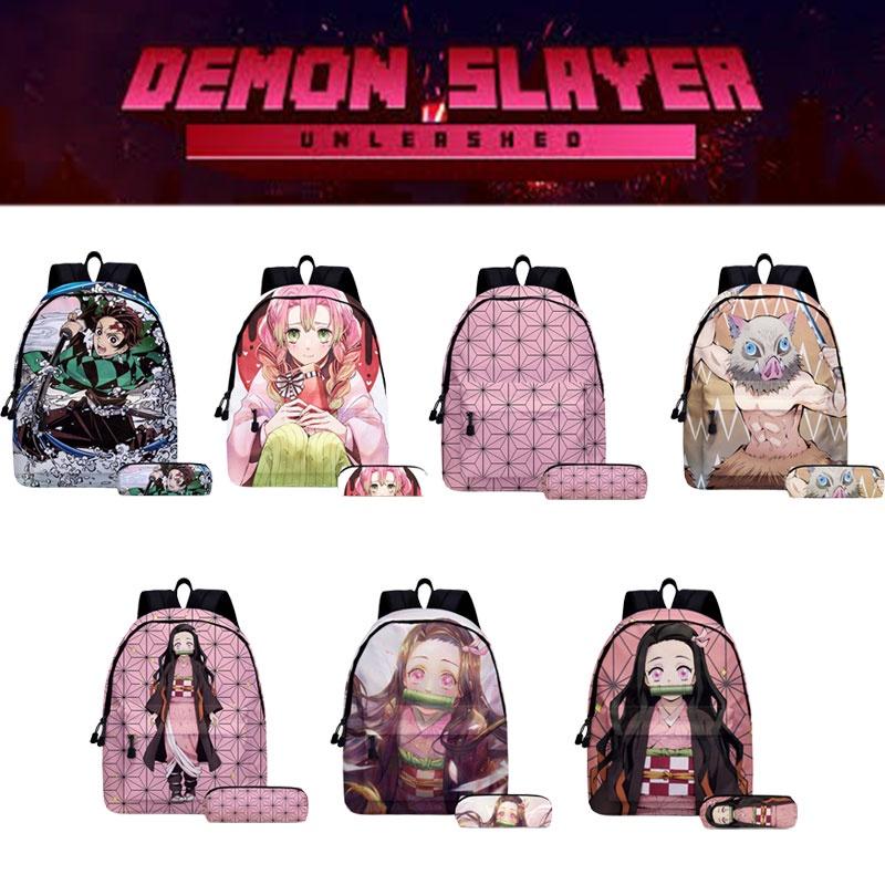Demon Slayer Anime Cartoon Backpack Set For Students Durable Breathable And Lightweight