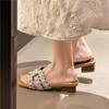 French Thick Heel Cool Slippers Women'S Summer Wear New Small Fragrant Style Fashion Pearl With Skirt Middle Heel One-Word Drag