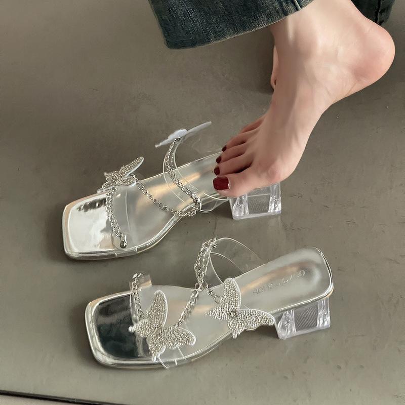 Rhinestone bow transparent cool slippers women's summer wear new fashionable exquisite versatile high heels