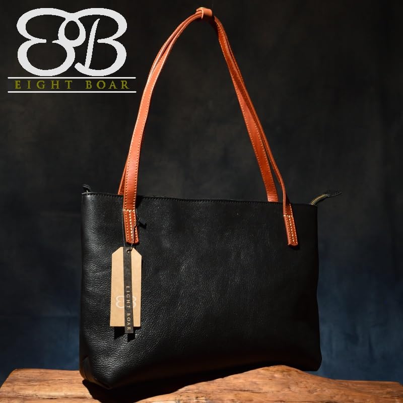 Eight Boar SHIVA Genuine Cowhide Leather Small Tote Bag, Lightweight, Perfect for Commuting or School, Perfect As a Gift, Black, Stylish, K40