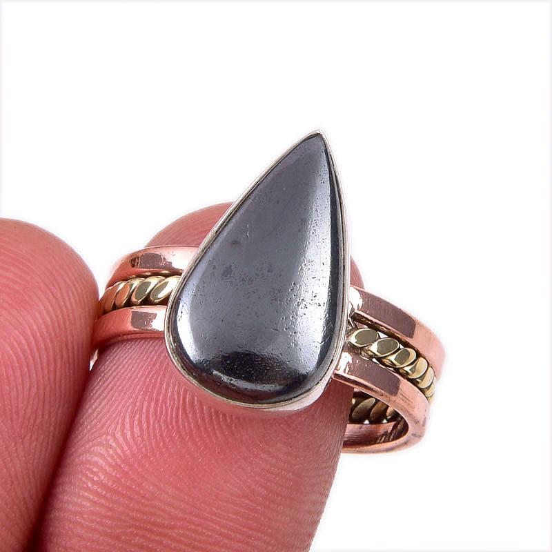 

Natural Gunmetal Gemstone 925 Solid Sterling Silver Two Tone Ring Size 10 F6v51