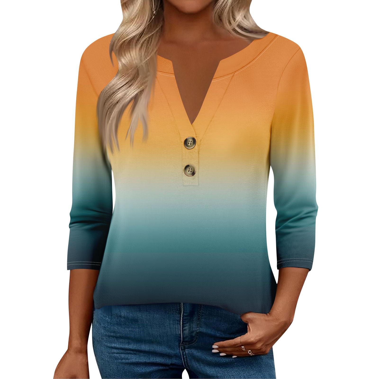 

Жіночі топи з рукавом 3/4 для жінок, топи хенлі на ґудзиках з V-подібним вирізом, ошатні літні жіночі топи вільного крою XL помаранчевий