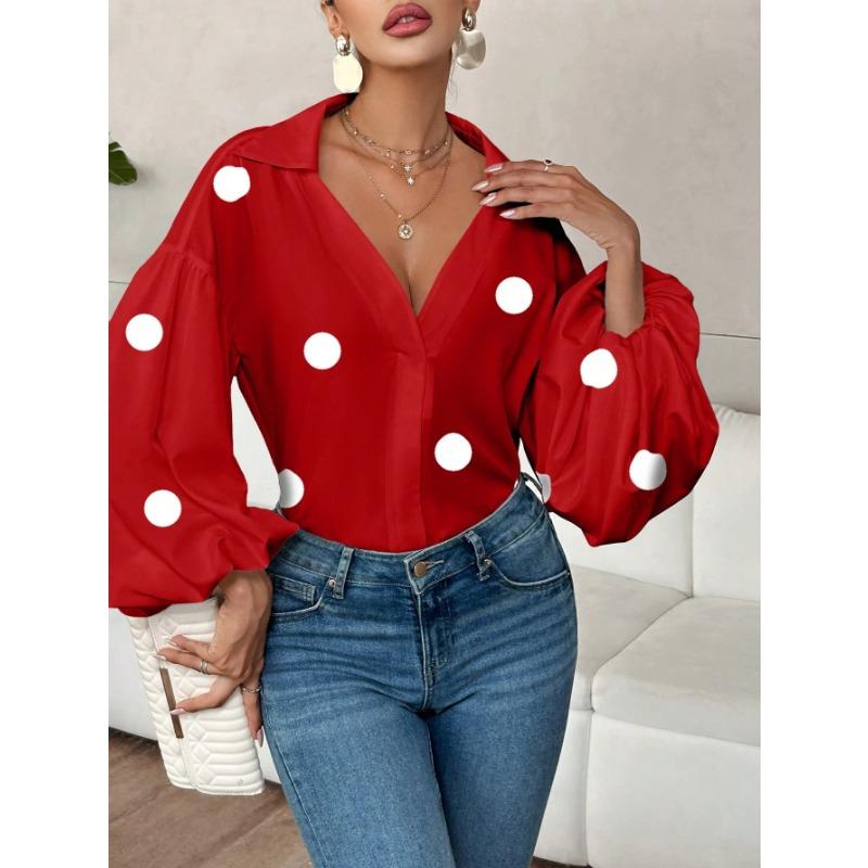 Camicetta da donna casual larga a pois con colletto semiaperto e maniche lunghe a sbuffo