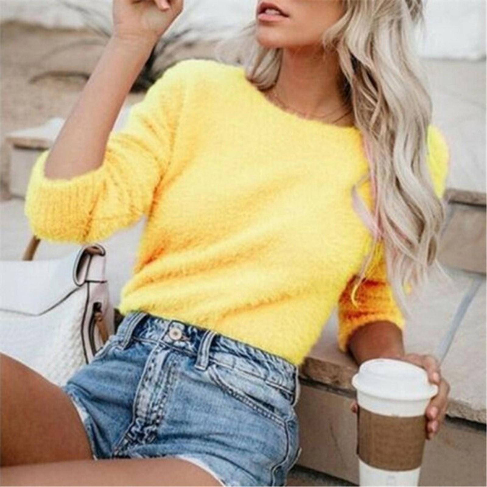 

Женский модный повседневный однотонный кашемировый свитер с длинным рукавом XL жёлтый