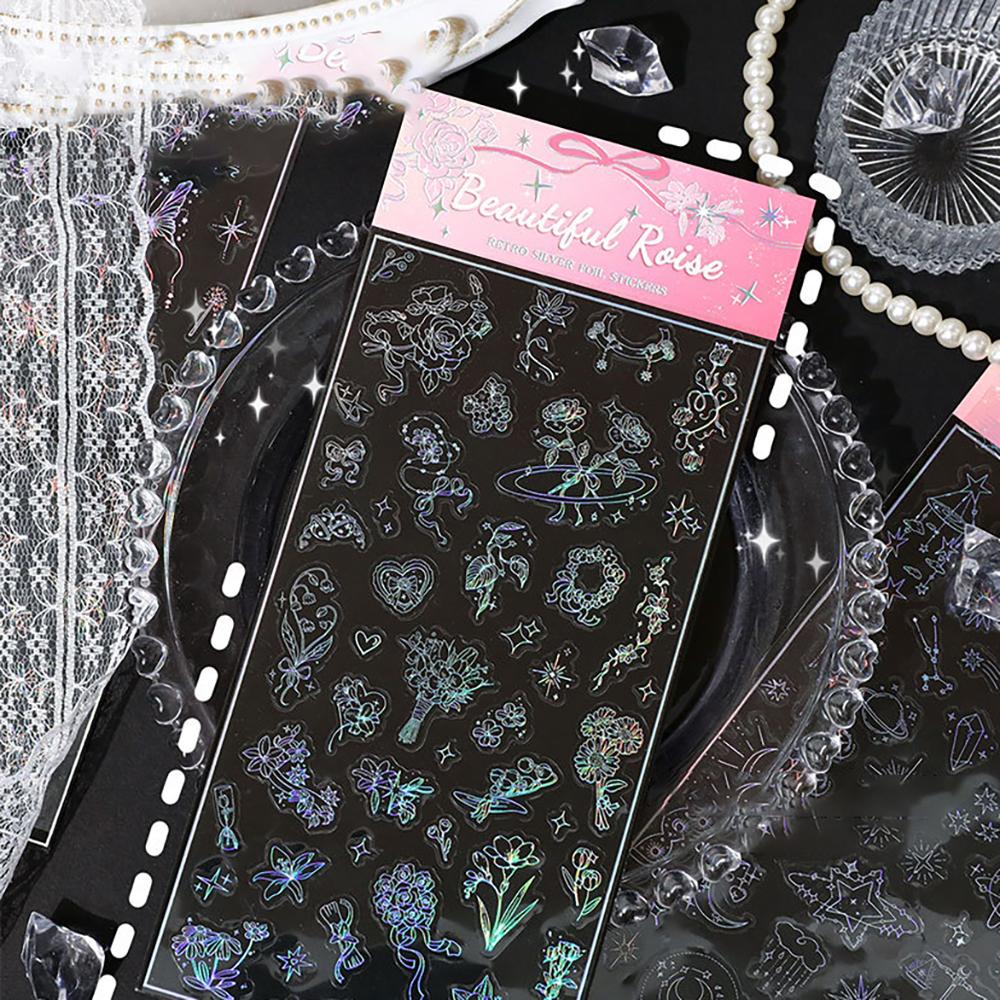 Retro laser stickers, creative hot silver colorful stickers, DIY account decoration materials, butterfly flower stickers