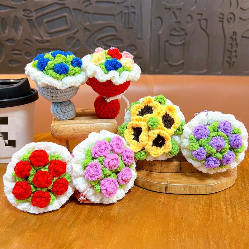 Sale Wool Crochet Mini Bouquet Hand-Woven DIY Rose Sunflower Bag Pendant Bag Charm