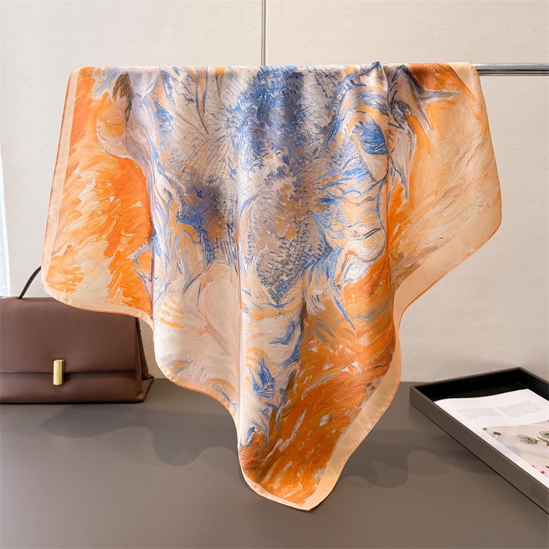 Elegant Oil Painting Print Silk Head Scarf Women Square Hijab Soft Neck Tie Female Fashion Decorate Silk Headscarf Kerchief