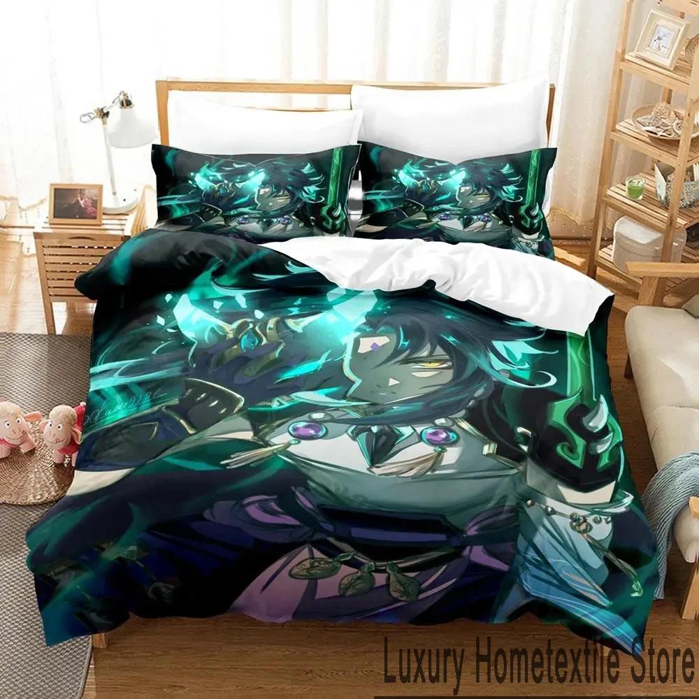 3D Genshin Impact Xiao Anime Bedding Set Duvet Cover Bed Set Quilt Cover Pillowcase Comforter King Queen Size Boys Adult Bedding