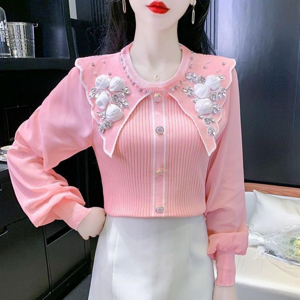 Chiffon Bubble Sleeve Knitted Shirt New Women's Fashionable and Stylish Women's Doll Neck Top