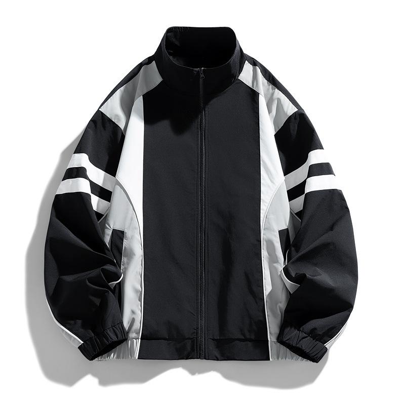 American Vintage Color Block Stand Collar Jacket For Men Women Casual Loose