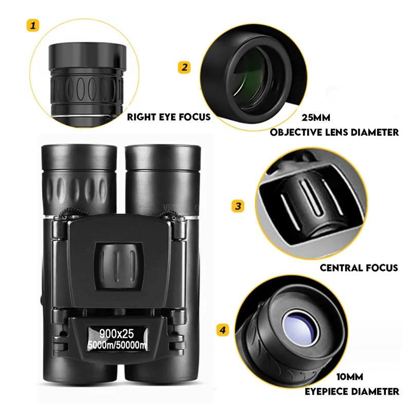900x25 HD Zoom Portable Powerful Binoculars Long Range BAK4 Telescope Folding Low Light Binoculars for Hunting Camping