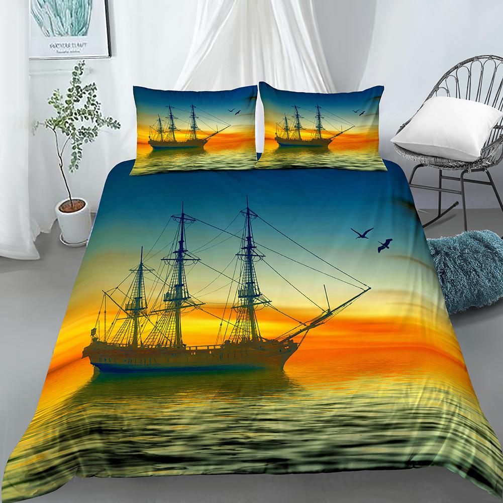 Nautisk Segelbåt Påslakan Queen King Size 3D Oljemålning Båtstil Sängkläder Set Ocean Mjuk 2/3 Delar Polyester Täcke Överdrag