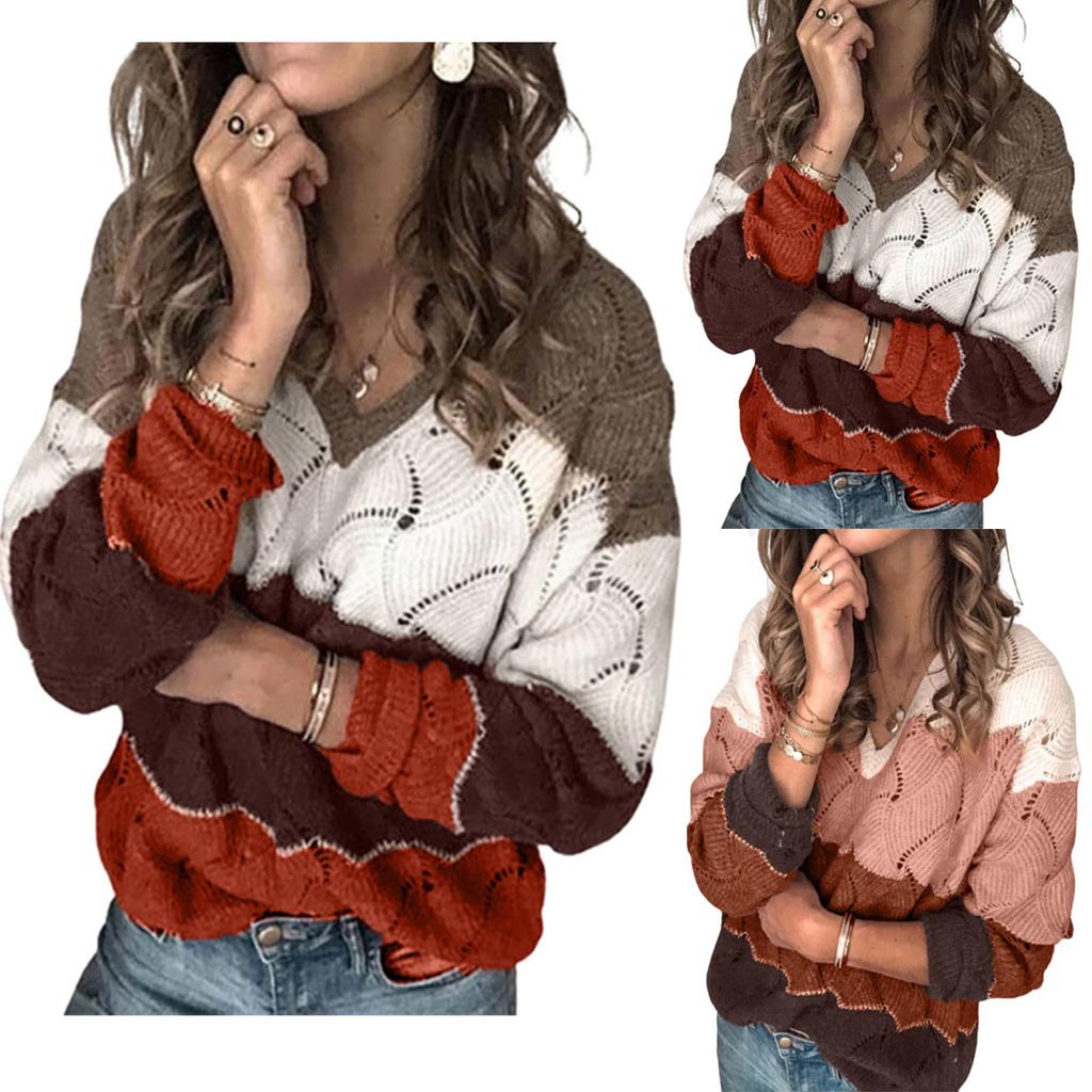 Women's Long Sleeve Colorblock Striped Casual Loose Knit Pullover Sweater Top