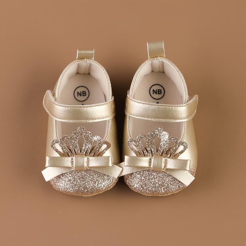 Flat Crown-Patterned Princess Shoes for Newborn Girls Aged 0-1, Featuring a PU Butterfly Knot And Glittery Design, Perfect for Spring And Summer