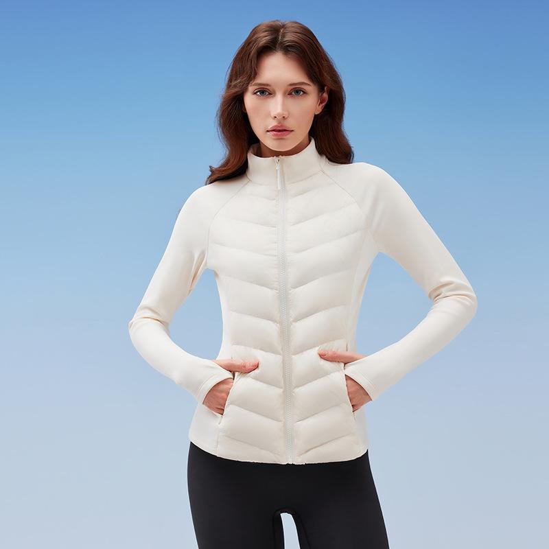 Three-proof sports down jacket women's outdoor running windproof and warm fitness top light and slim stand-up collar ribs jacket