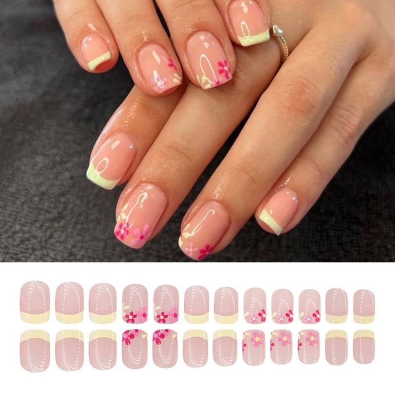Square Press On Nail Flower Fake Nail Glues On Nail Artificial Acrylic Nail 12 Size 24pcs Stick On Nail for Women Girls