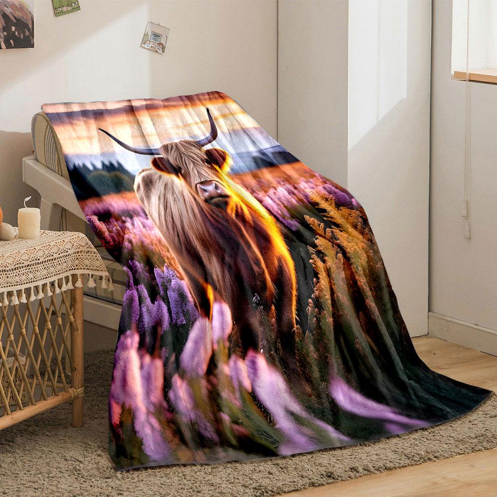 Highland Cow In Lavender Field Print Blanket Soft and Cozy Perfect for the Living Room Bed Sofa or a Nap,gift