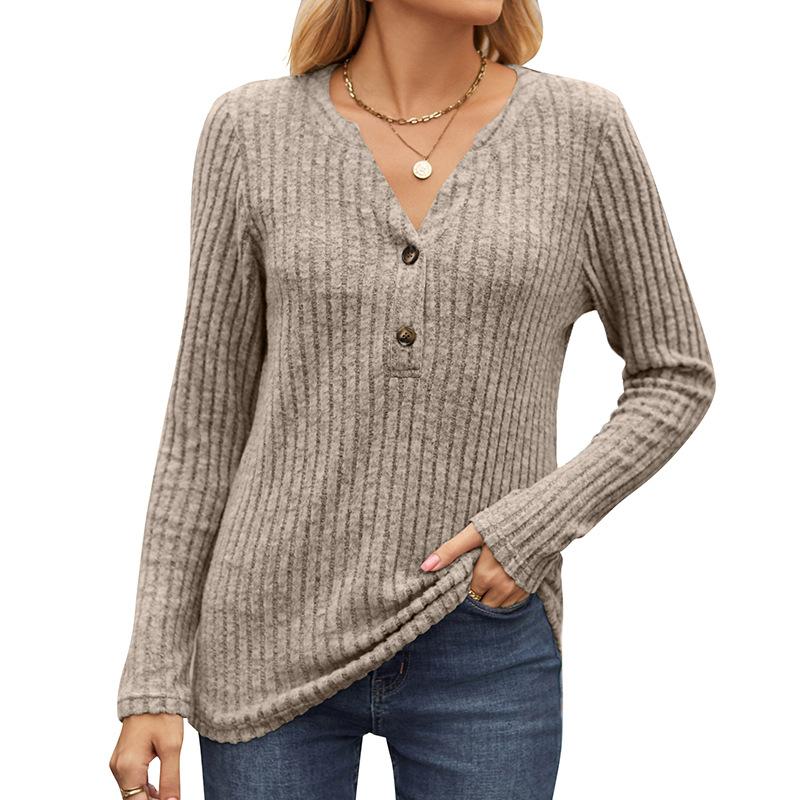 Autumn Women's Knitwear Solid Colour Pit Stripe Brushed Half Placket Button Up Long Sleeve Top