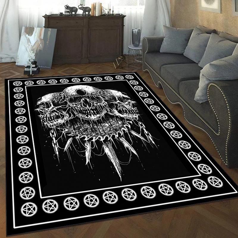 Gothic Skull Rug with Pentagram Border for Living Room Decor | Unique Area Rugs | Home Decor Accessories Skid Resistant Carpet