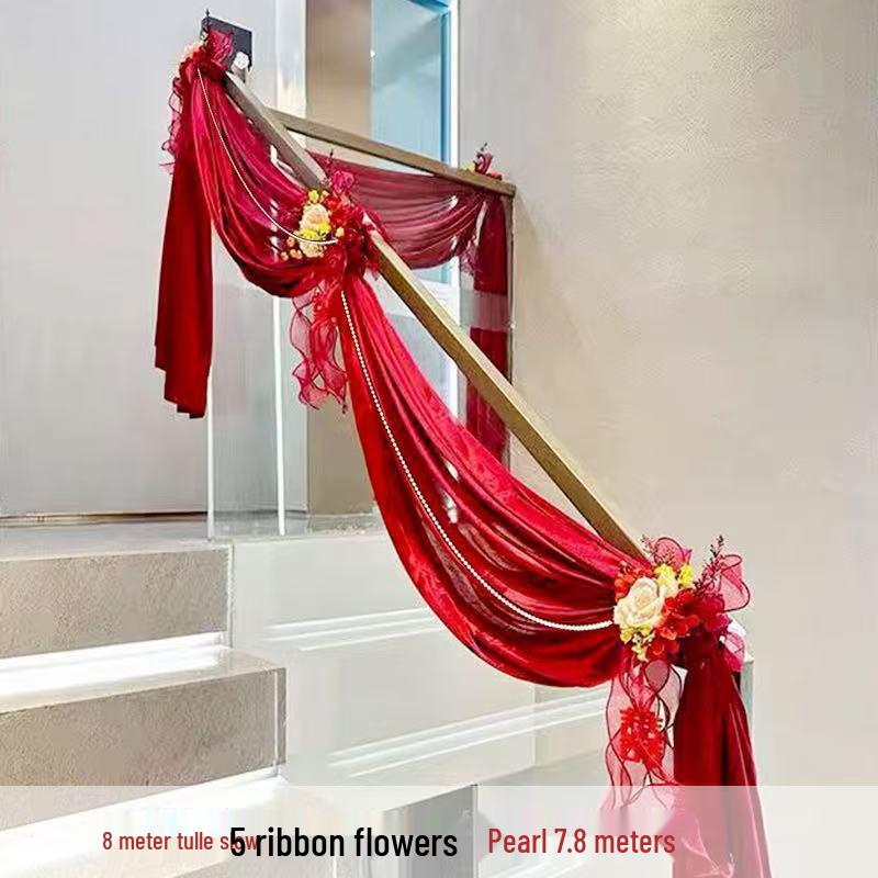 Wedding Staircase Handrail Decoration with Artificial Flowers and Pendants